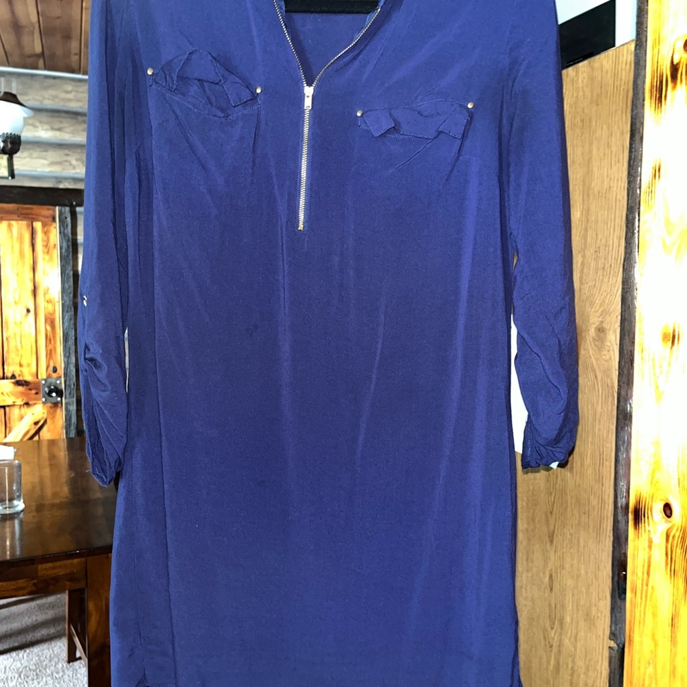 Stylish Blue Zip-Up Dress Sz L